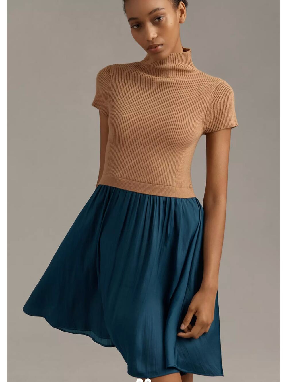 By Anthropologie Short-Sleeve MockNeck sweater top flowy skirt casual Dress sz L